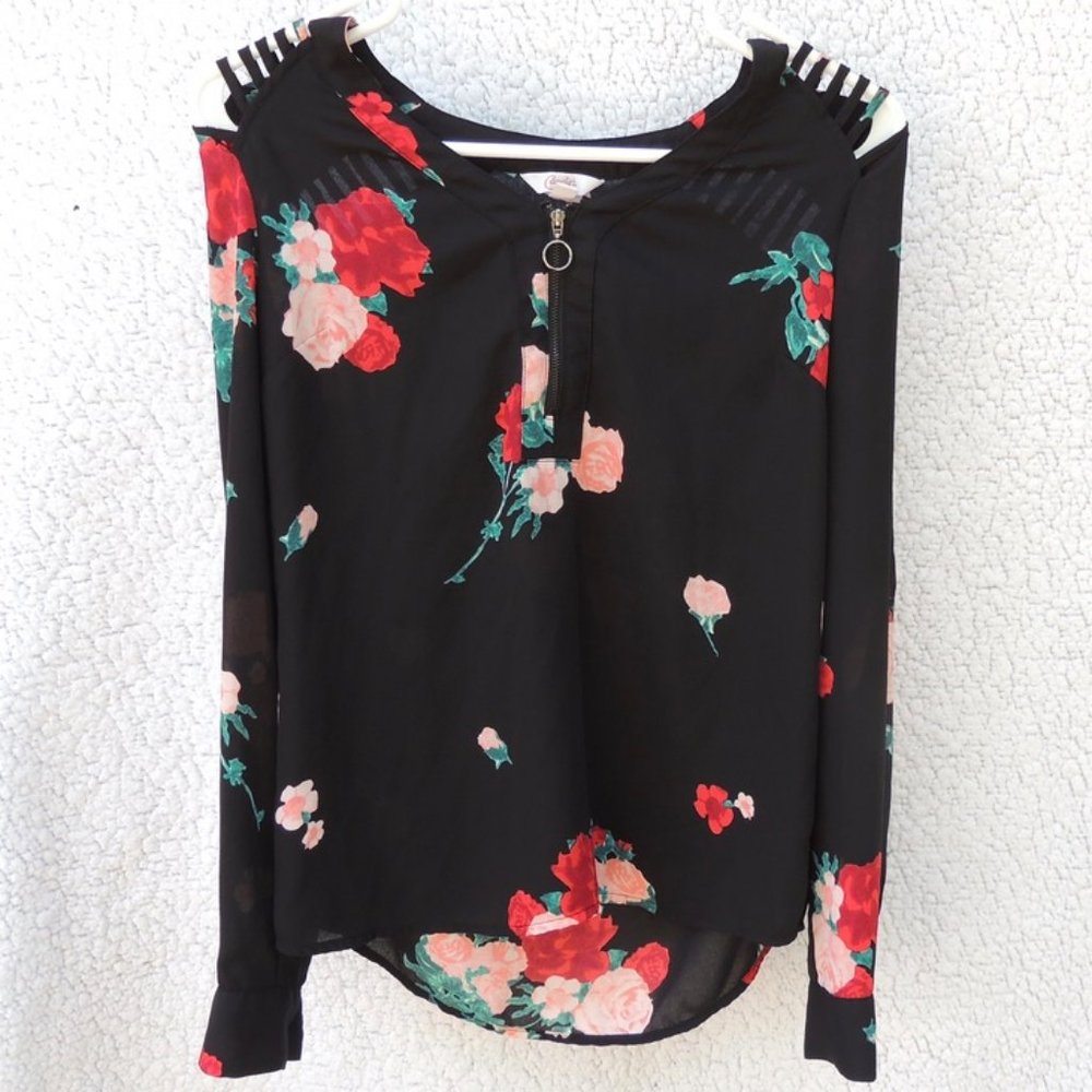 Candies Black Blouse Red White and Green Flower Decal cutout